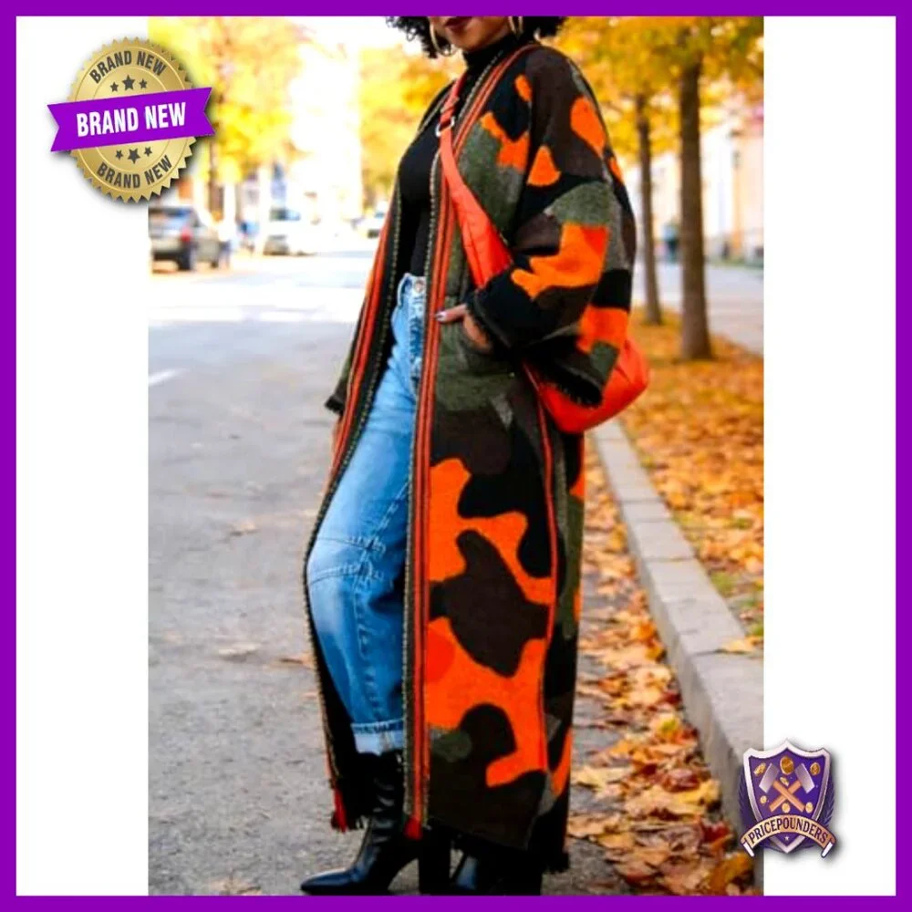Long Camo Cardigan Open Front Oversized Chunky Knit Duster Sweater Coat - Picture 3 of 6